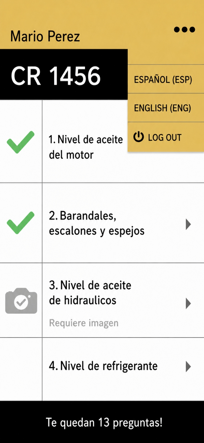 Daily checklist mobile screen with language options and checklist items